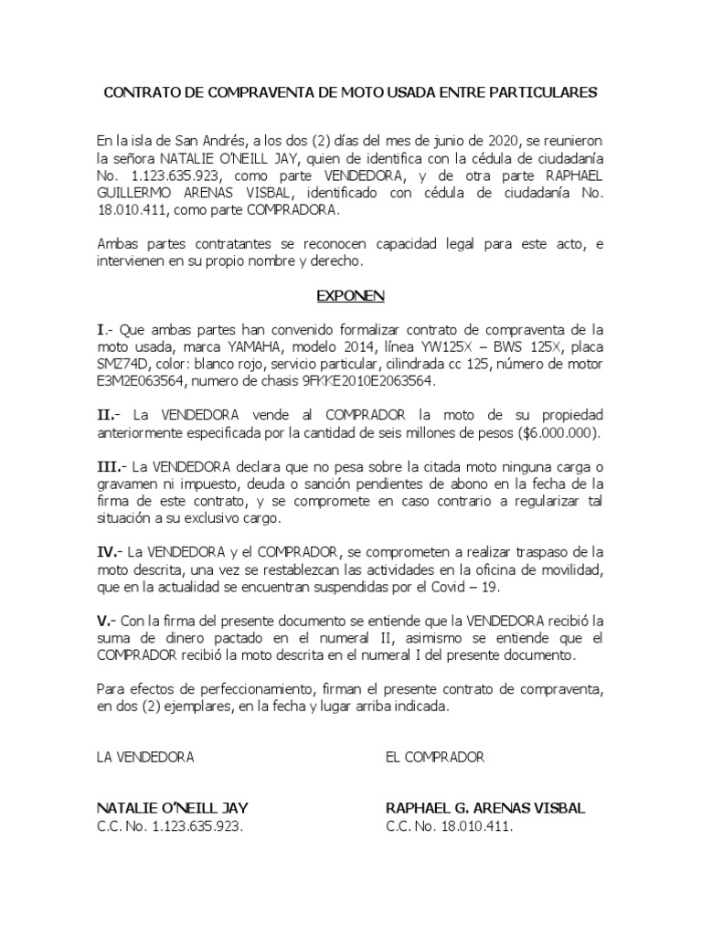 Contrato de Compraventa de Moto Usada | PDF | Finanzas y dinero | Derecho