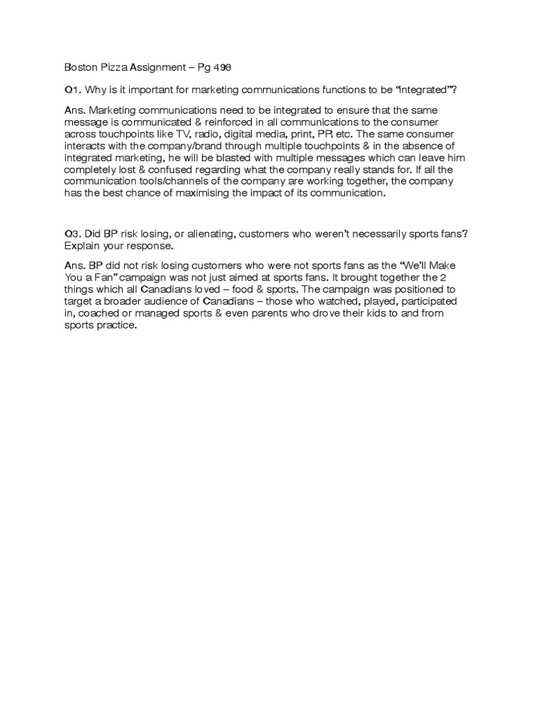 Boston Pizza Marketing Integration Insights | PDF | Social Science