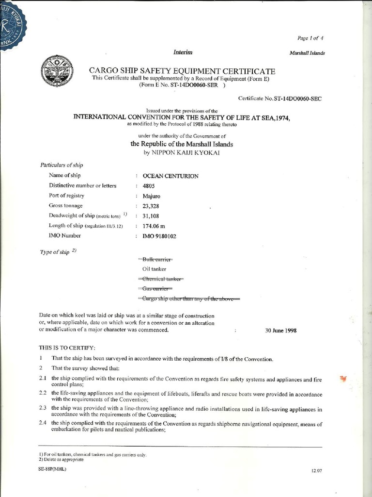 Ship Equipment Safety Certificates