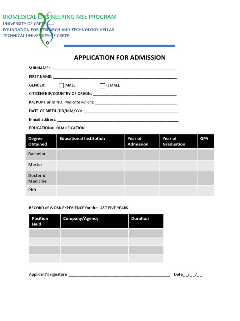 Biomedical Engineering MSc Admission Form | PDF | Career & Growth