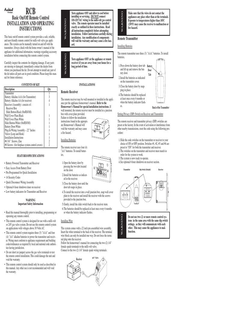 Basic On/Off Remote Control Installation and Operating Instructions PDF Radio Switch
