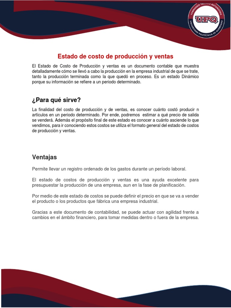 Estado de Costo de Producción y Ventas | PDF | Costo | Contabilidad