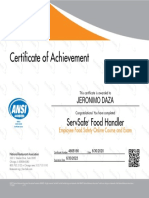 Certificate of Achievement: Servsafe Food Handler