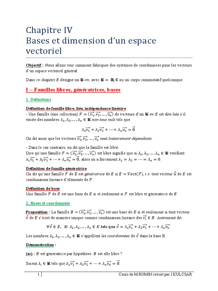 4-Bases Et Dimension PDF | PDF | Base (algèbre linéaire) | Espace vectoriel