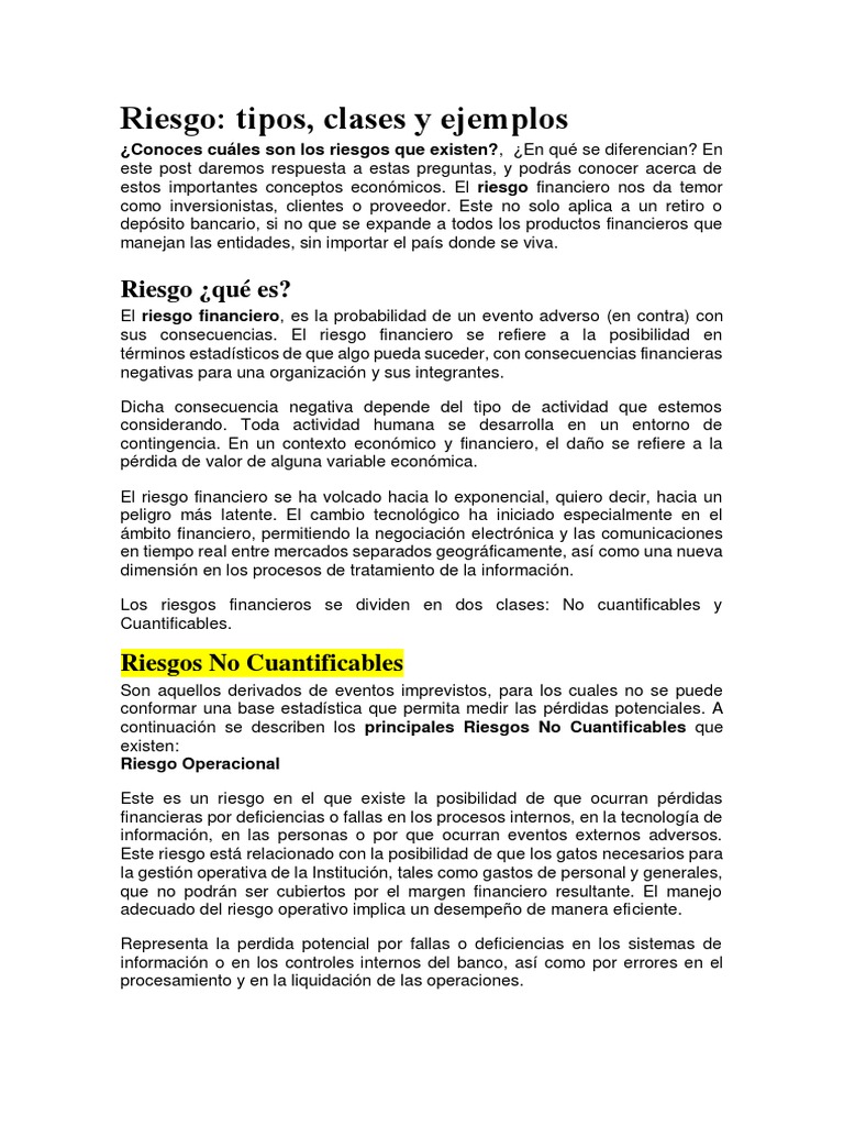 Tipos y Ejemplos de Riesgos Financieros | PDF | Liquidez de mercado ...