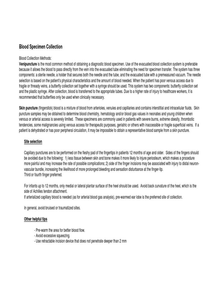 Blood Specimen Collection Techniques | PDF | Clinical Medicine ...