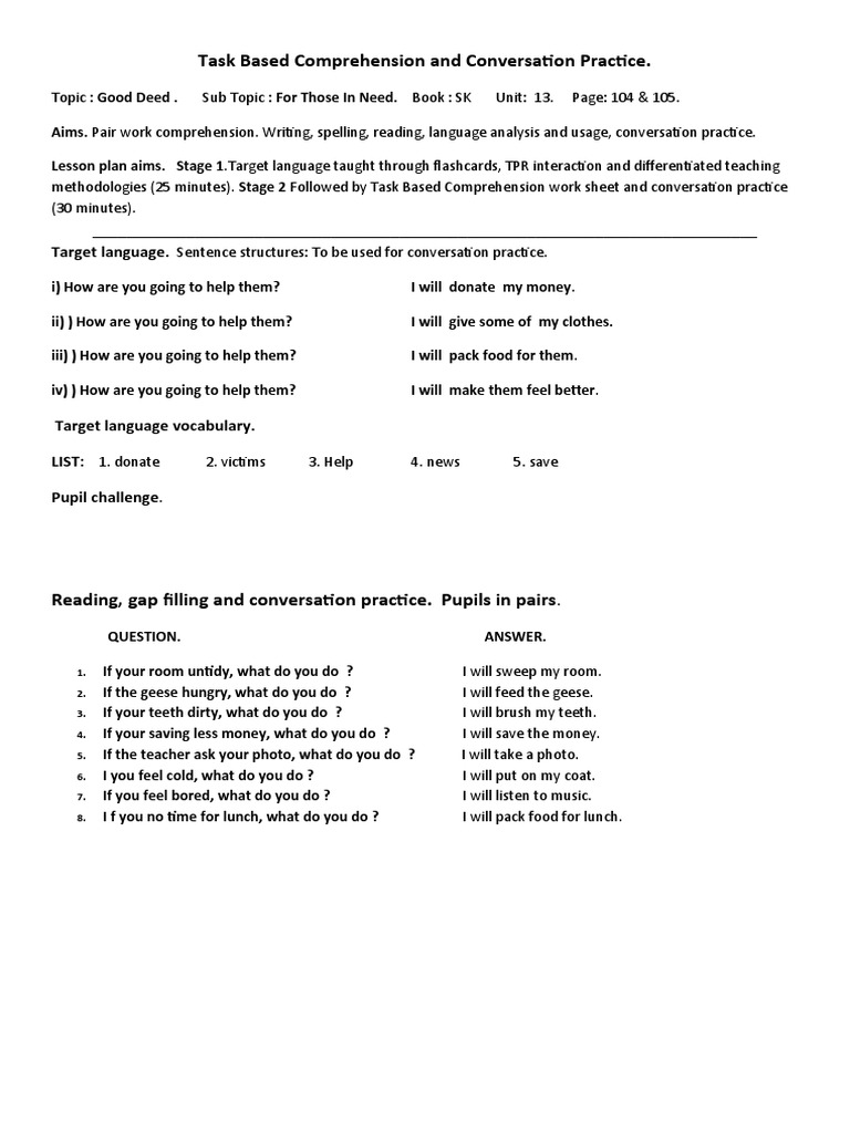 Task Based Comprehension and Conversation Practice.: Target Language | PDF