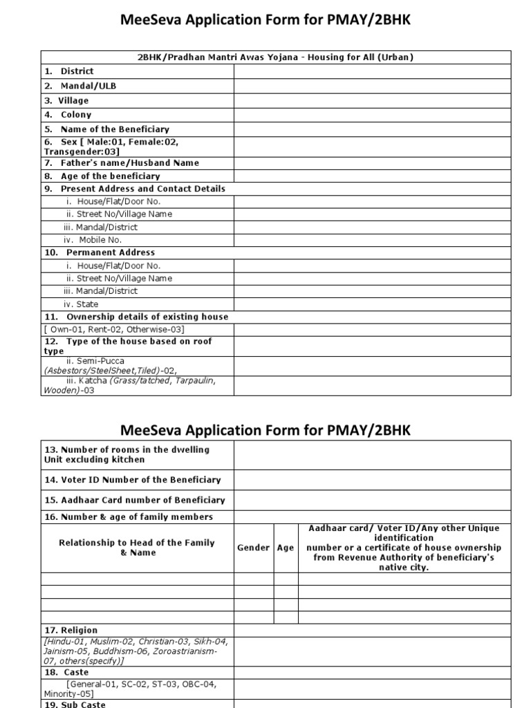Meeseva Application Form For Pmay/2Bhk (Asbestors/Steelsheet, Tiled