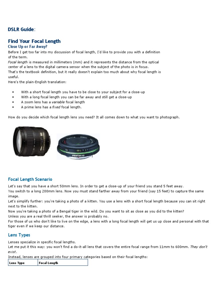 DSLR Guide Find Your Focal Length Close Up or Far Away? PDF