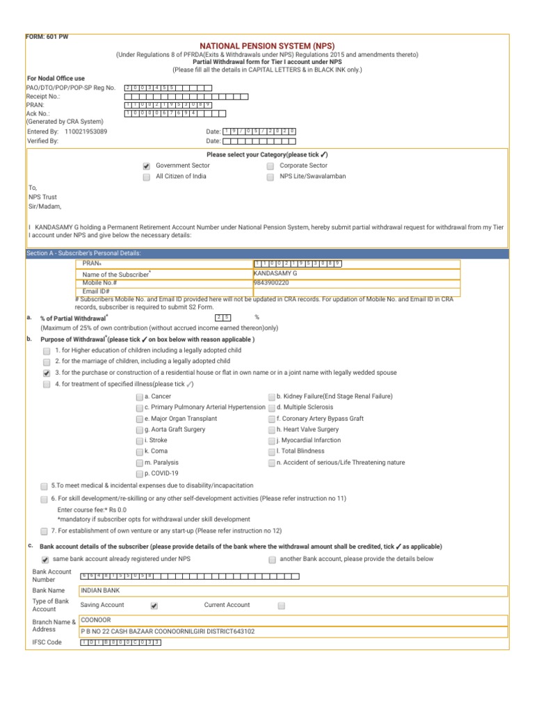 NPS Partial Withdrawal Form 601 PW | PDF | Medical Specialties | Business