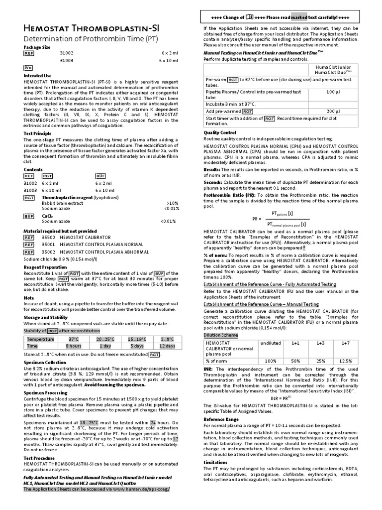 Hemostat Thromboplastin-SI: Determination of Prothrombin Time (PT ...
