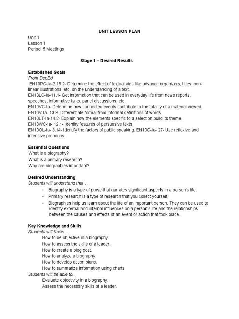 Unit Lesson Plan (English) | PDF | Cleopatra | Mark Antony