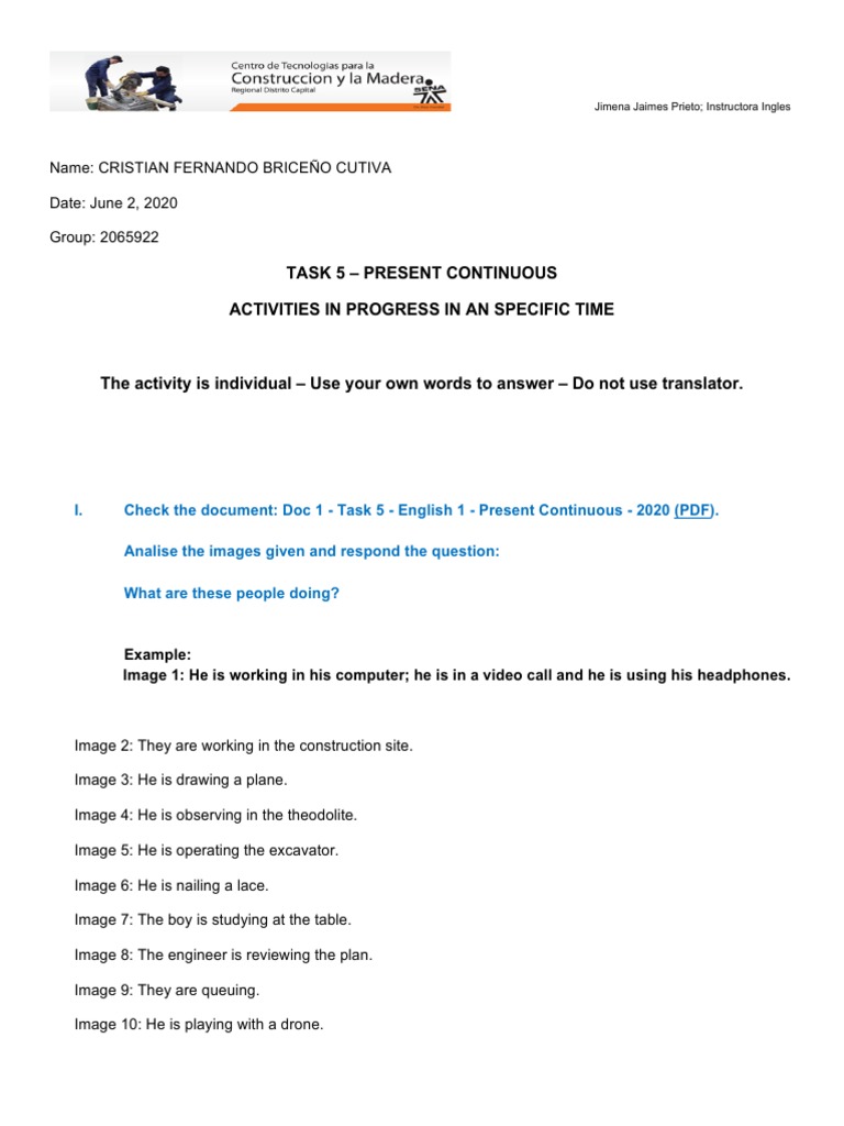 Present Continuous Activities Task | PDF | Business