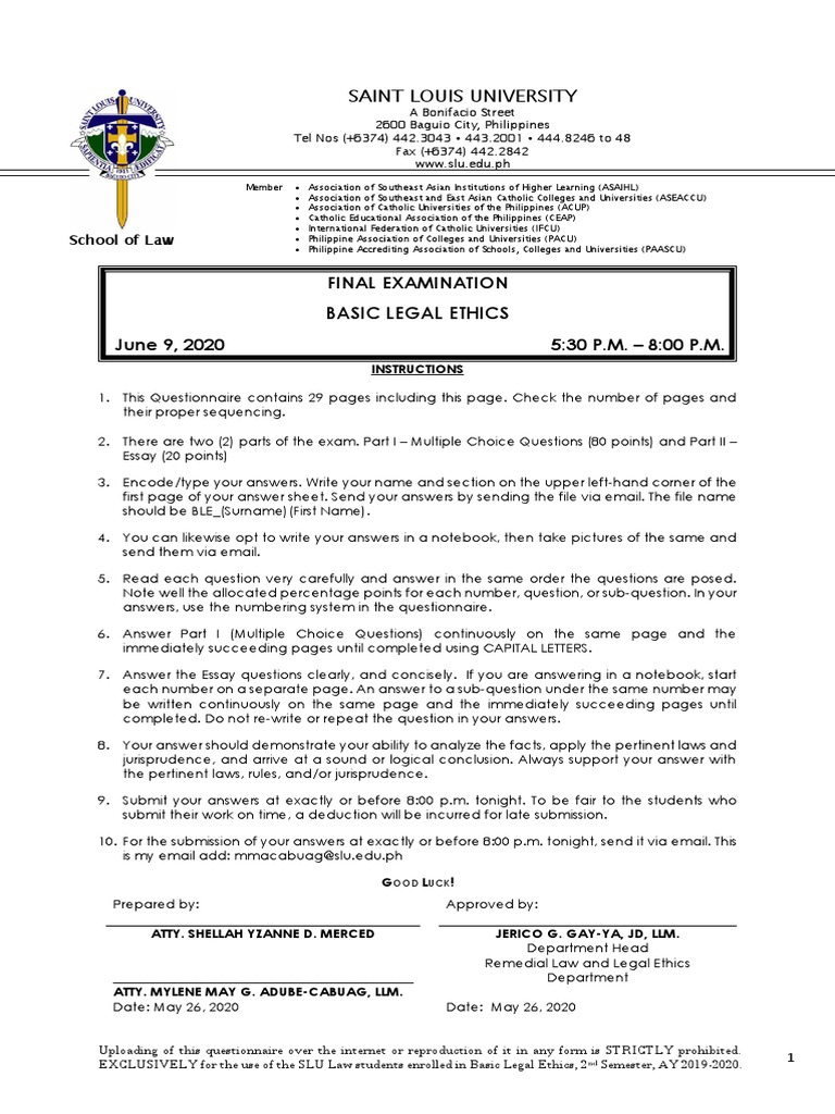 2020 Basic Legal Ethics Final Exam PDF Lawyer Practice Of Law