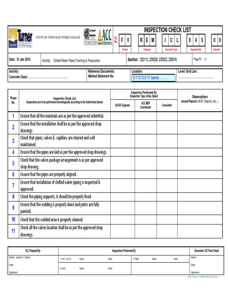 Chilled Water Pipe Inspection Checklist | PDF | Building Engineering ...