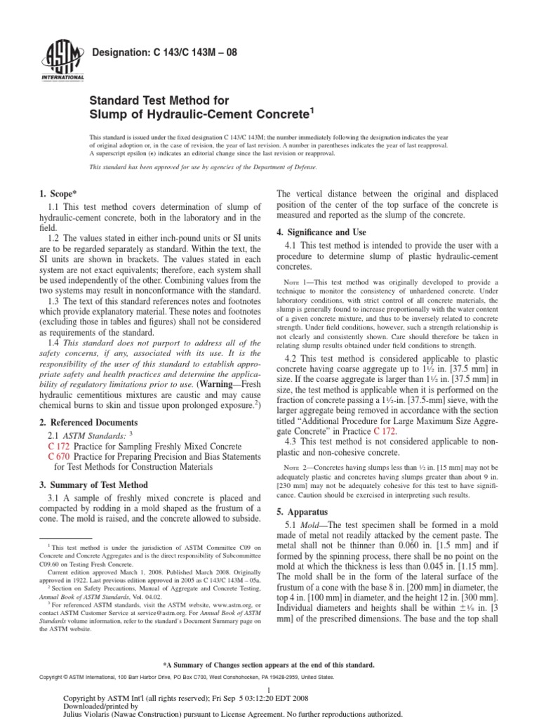 Astm C143 Slum Test | PDF | Construction Aggregate | Concrete
