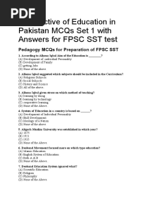 Perspective of Education in Pakistan MCQs Set 1 With Answers For FPSC SST Test