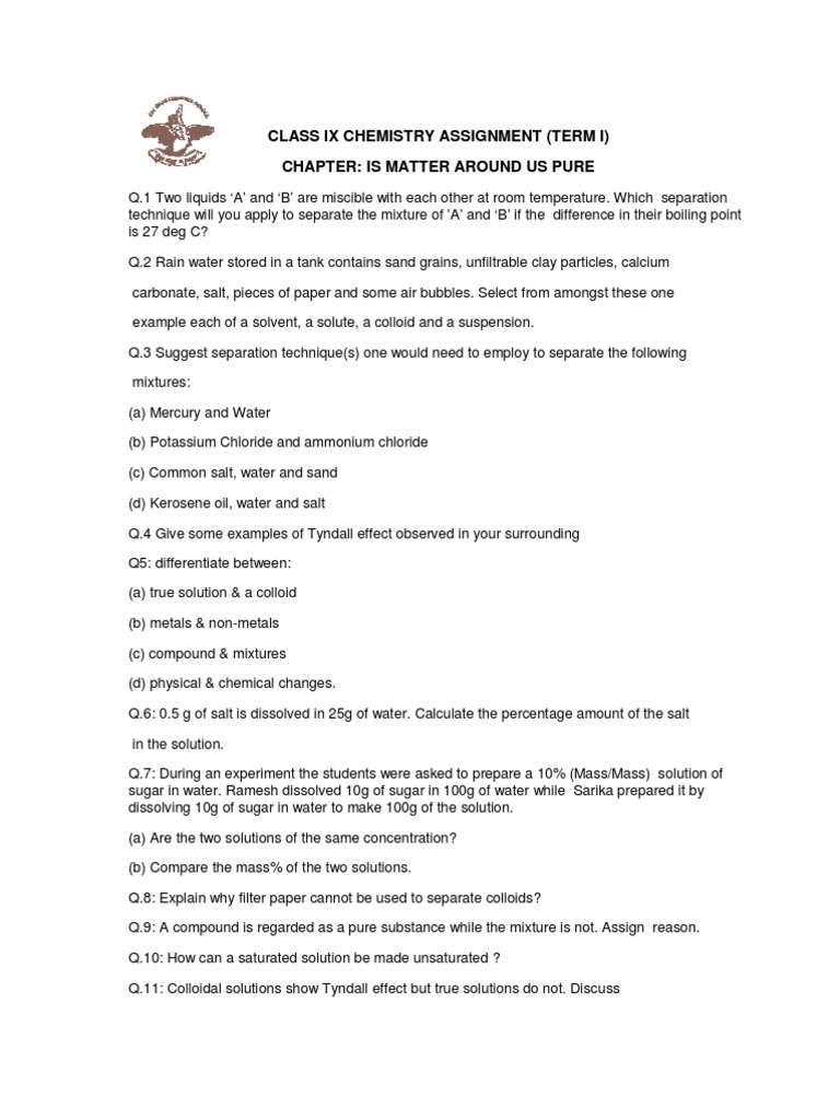 CBSE Class 9 Chemistry Worksheet - Is Matter Around Us Pure | PDF ...