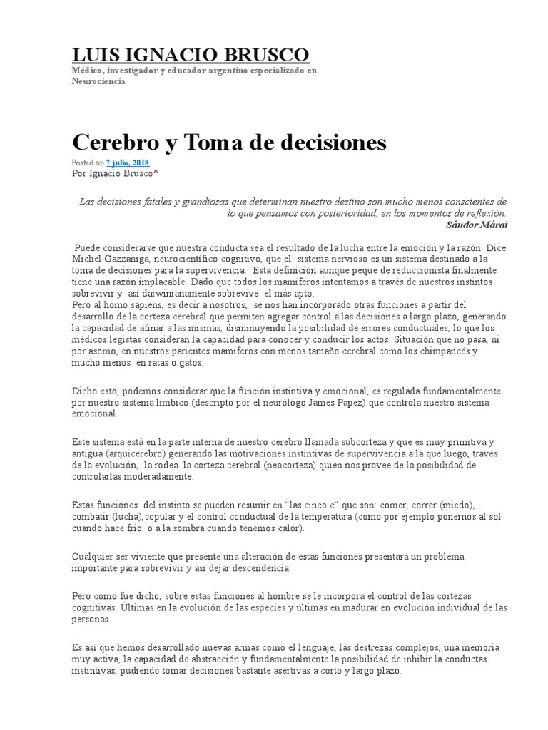 El papel de las emociones y la razón en la toma de decisiones | PDF ...