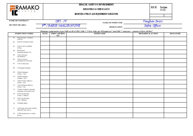 Monthly First Aid Equipment Register | PDF | First Aid