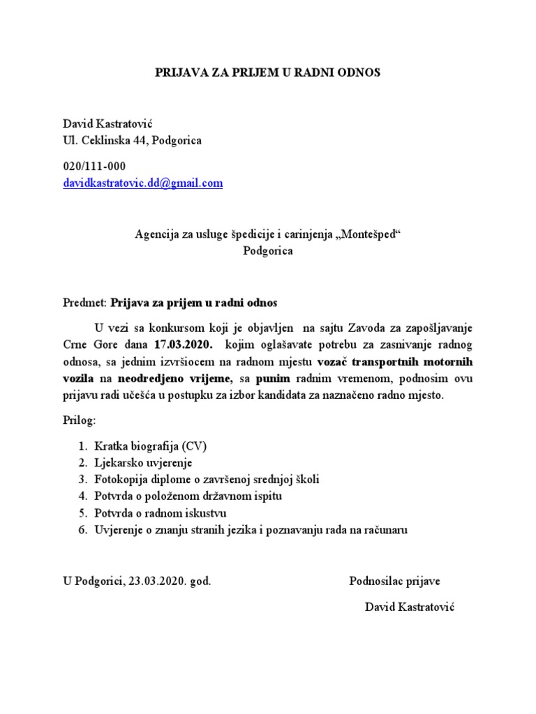 Primjer Prijave Za Prijem U Radni Odnos | PDF