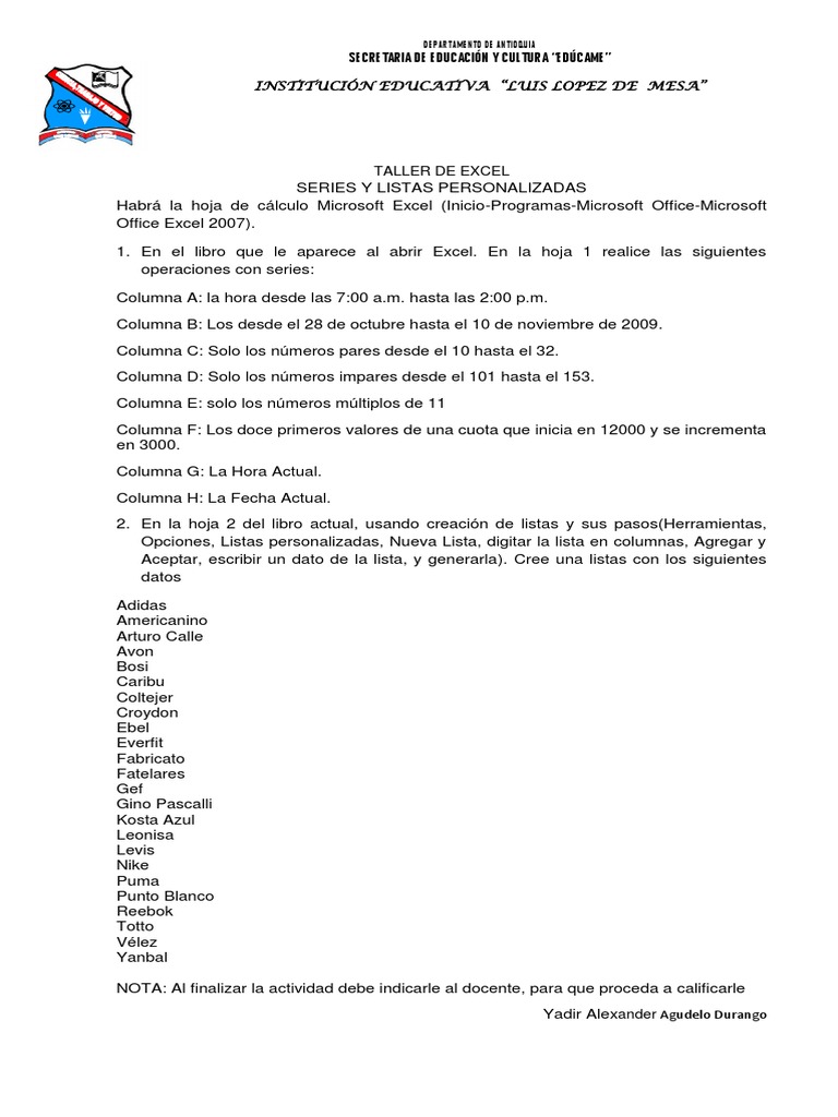 Actividad En Excel De Series Y Listas Personalizadas Pdf