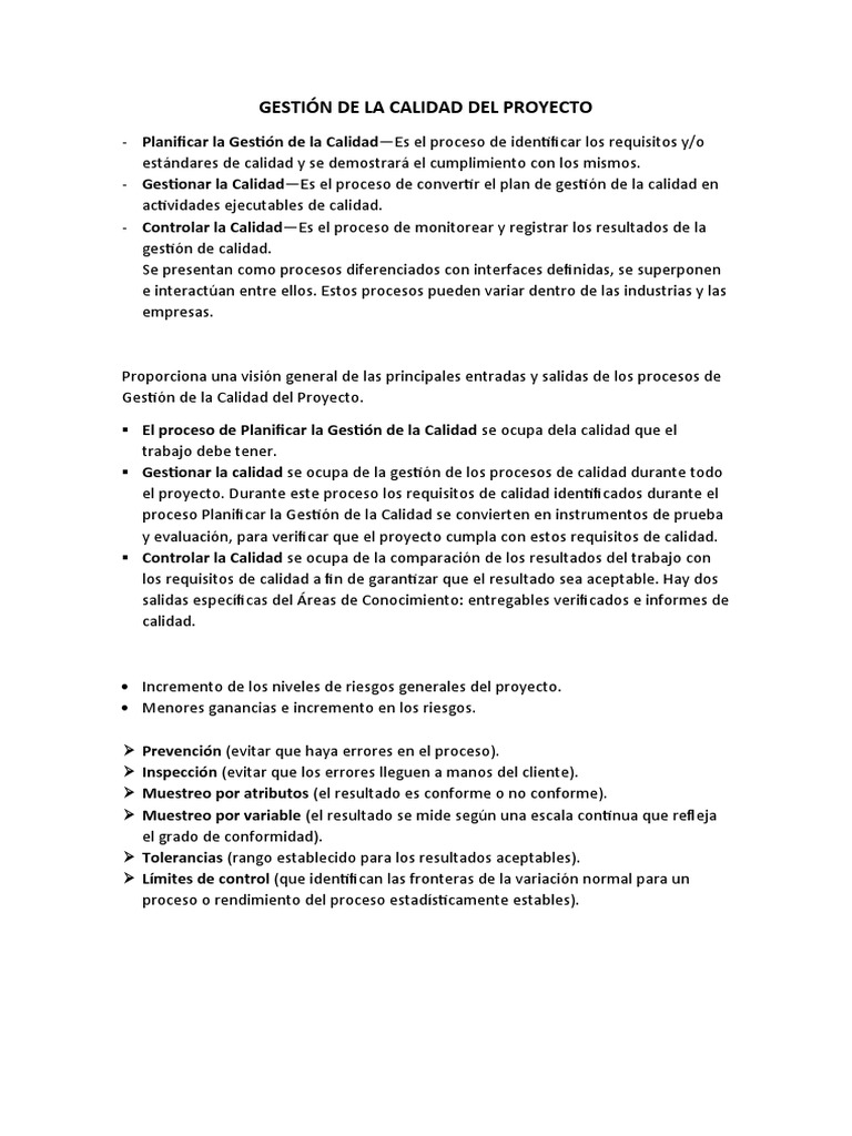 Gestión de La Calidad Del Proyecto | PDF | Gestión de la calidad ...