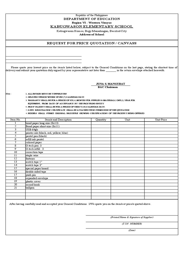 Request For Quotation Office Supplies PDF Office Equipment Paper