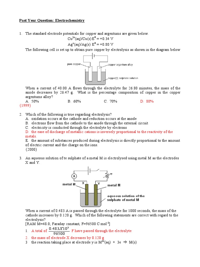 Past Year Question Electrochemistry PDF Anode Cathode