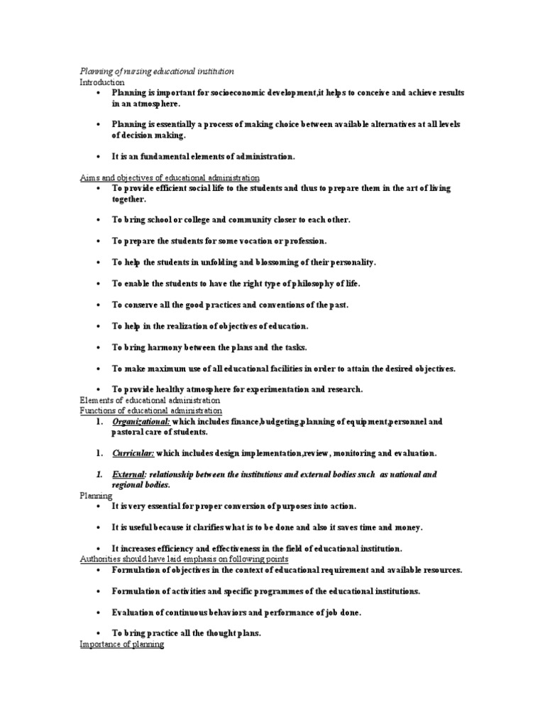 Planning of Nursing Educational Institution PDF Nursing College