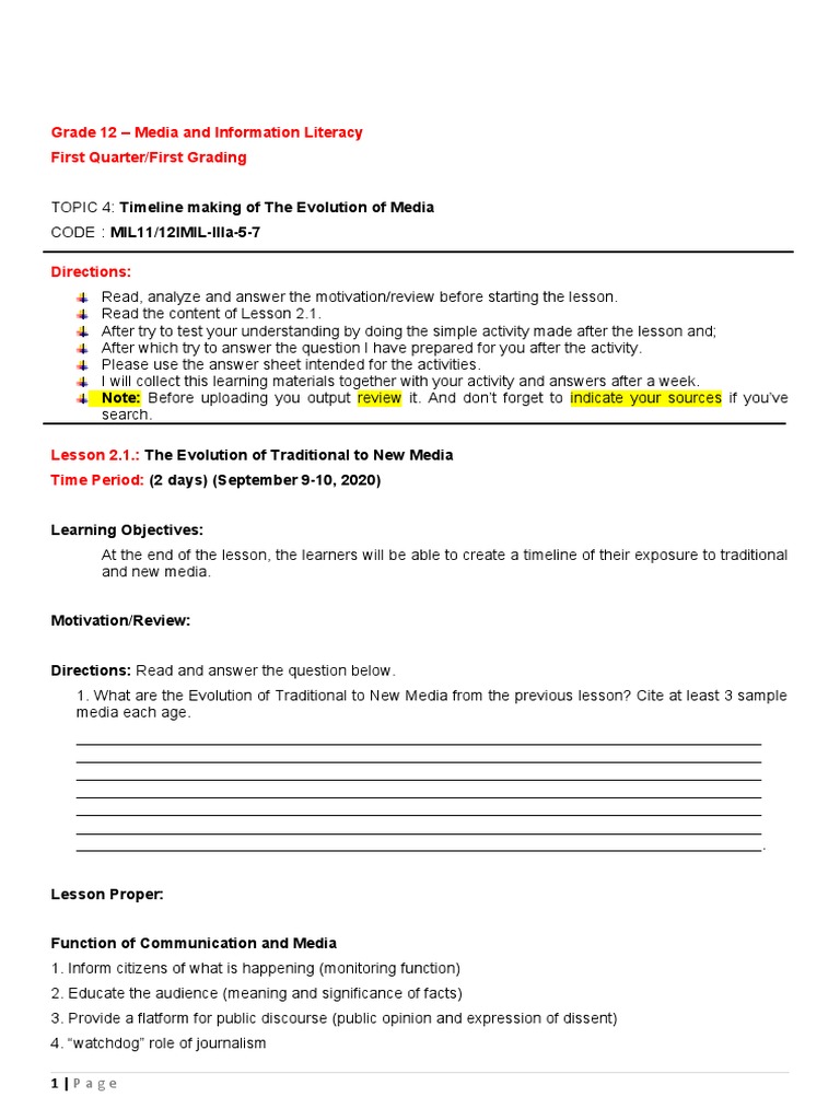 Grade 12 - Media and Information Literacy First Quarter/First Grading ...