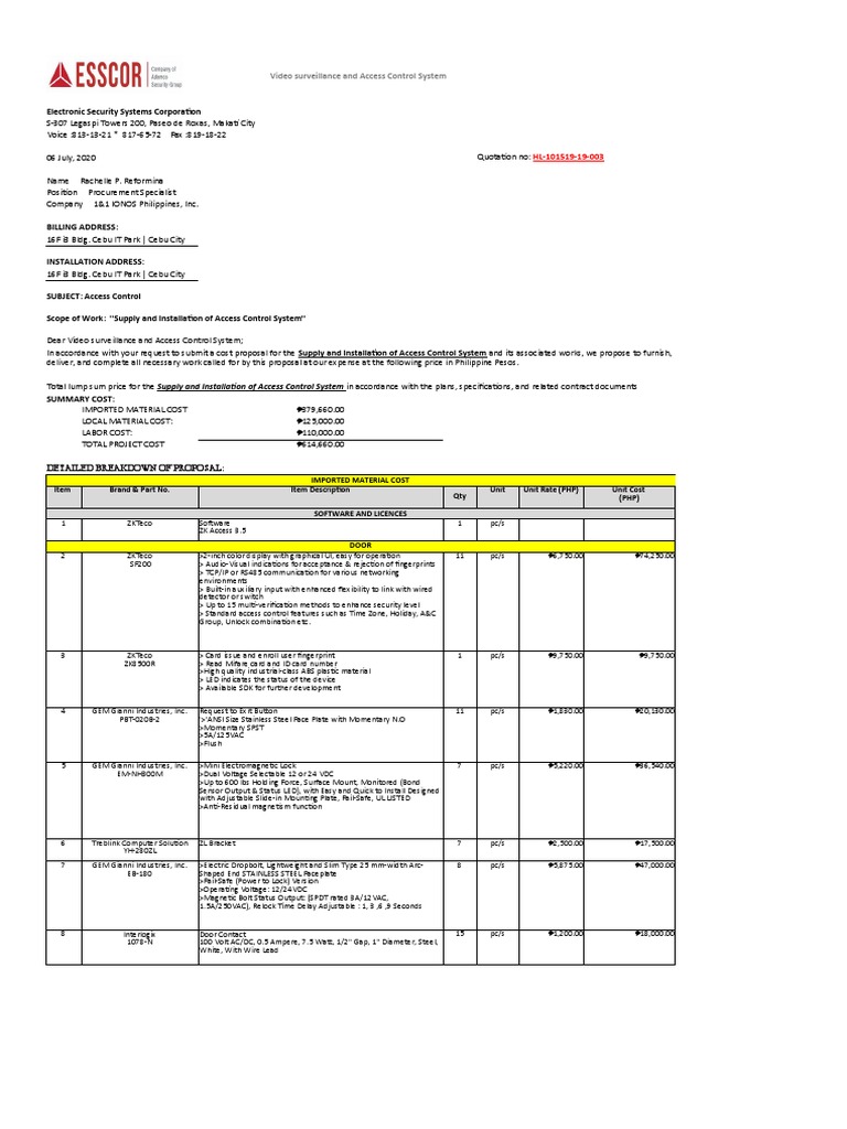 Access Control System Installation Proposal | PDF | Power Supply ...