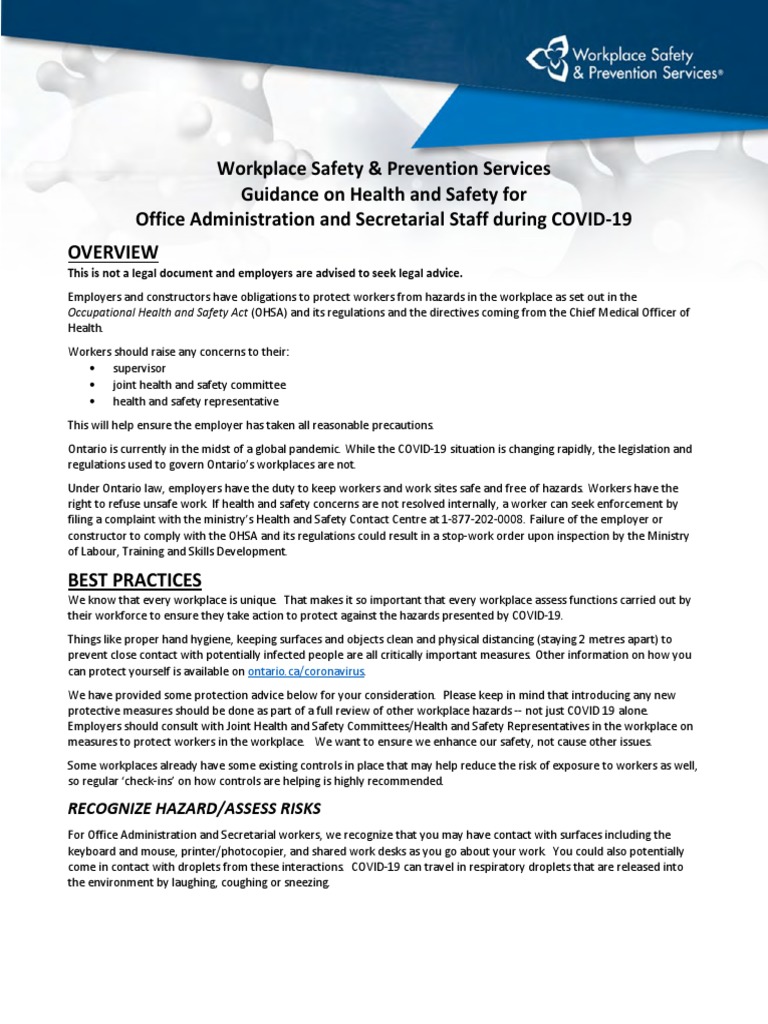 Covid 19 Office Admin Health And Safety Guidance Pdf Personal