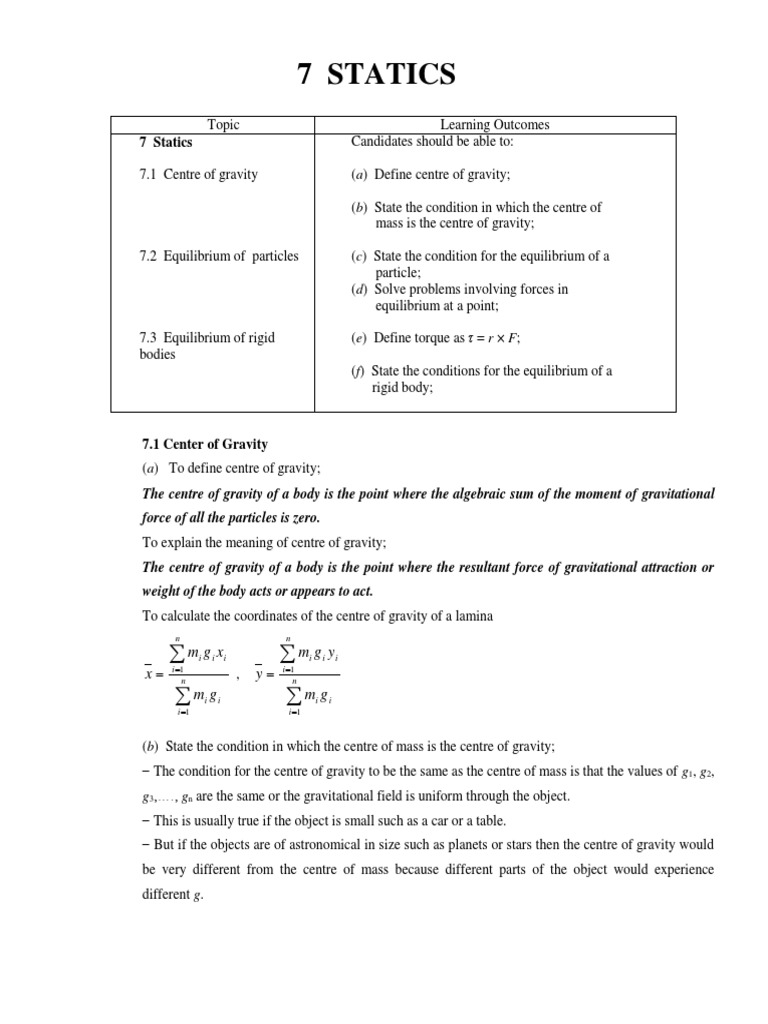 Chapter 7 Statics Checked Pdf Center Of Mass Force