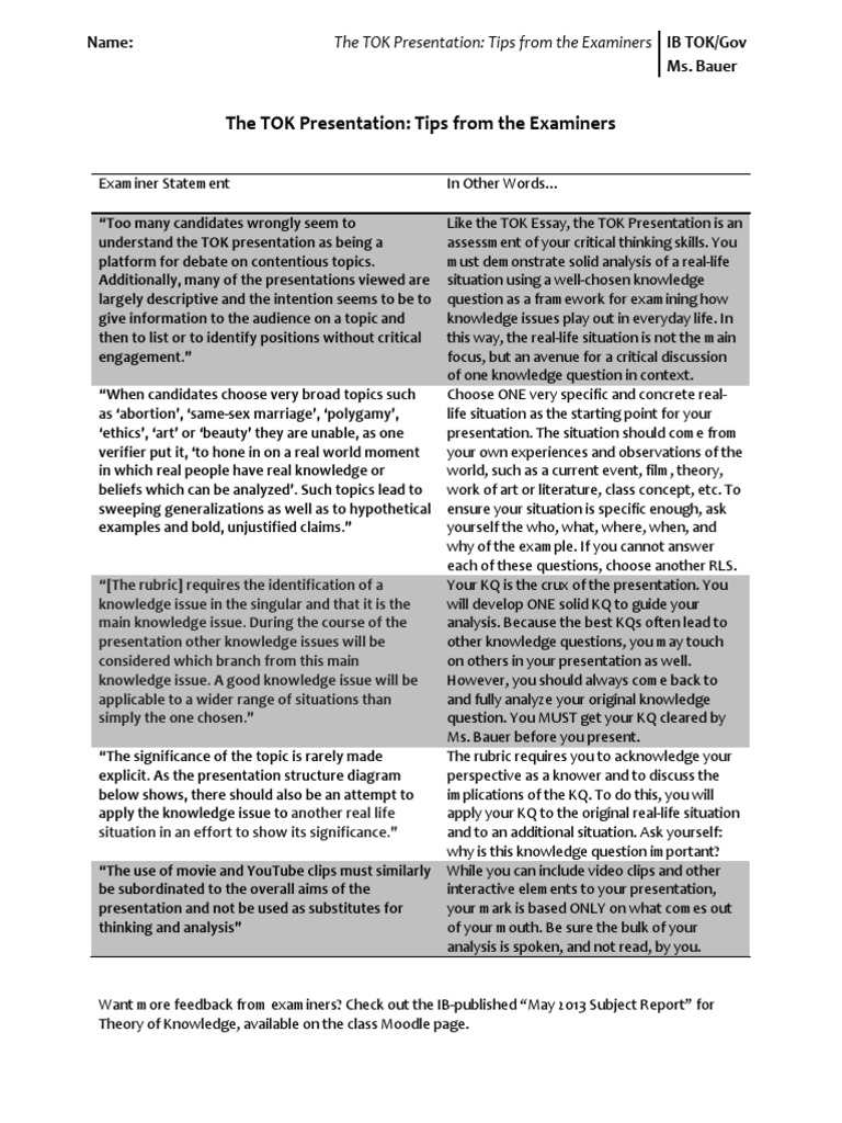 TOK Presentation Tips from Examiners | PDF | Knowledge | Communication