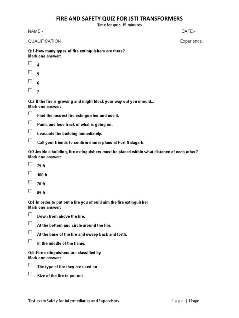 FIRE SAFETY QUIZ PDF Fires Temporary Work