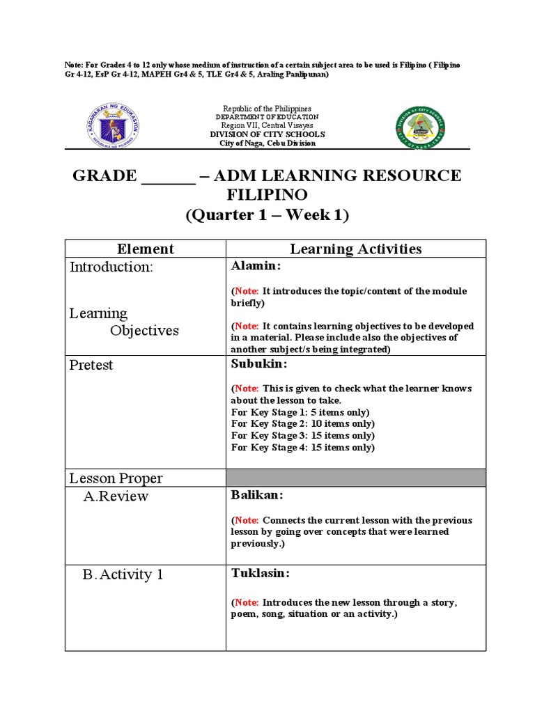 ADM Filipino Learning Resource Q1 W1 | PDF | Educational Assessment ...