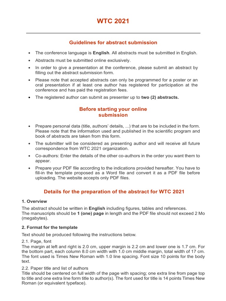 WTC 2021 Abstract Submission Guidelines | PDF | Times New Roman | Typefaces