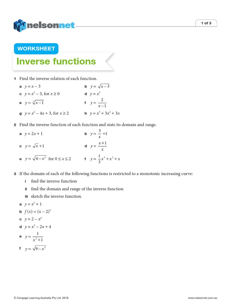 Inverse Functions: Worksheet | PDF | Function (Mathematics) | Functions ...