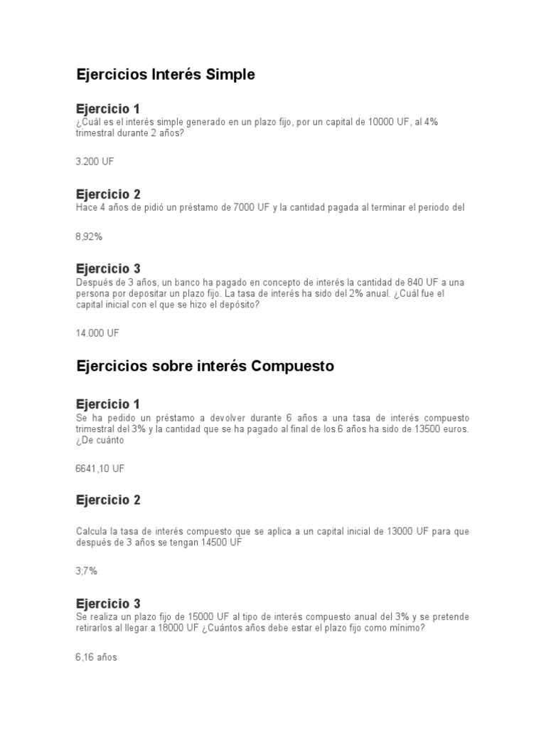Ejercicios Interés Simple e Interés Compuesto | PDF | Finanzas y dinero