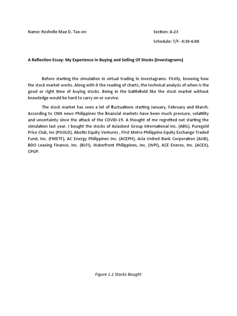 A Reflection Essay My Experience in Buying and Selling Of Stocks