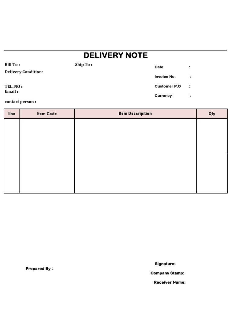 Delivery Note: Date: Invoice No.: Customer P.O: Currency | PDF