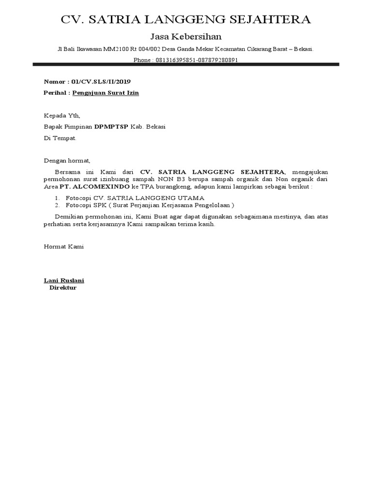 Permohonan Izin Buang Sampah CV SLS | PDF | Teknologi & Rekayasa