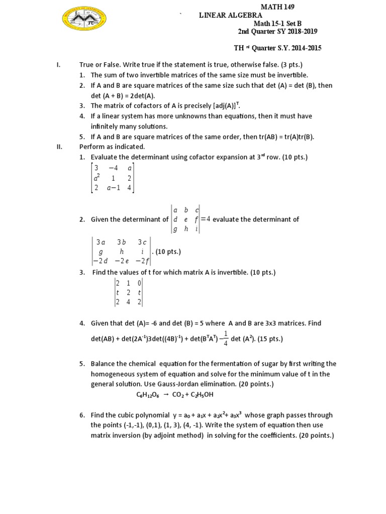 Math 15 1 LQ1 Set C 2nd Term 2018 2019 | PDF | Matrix (Mathematics ...