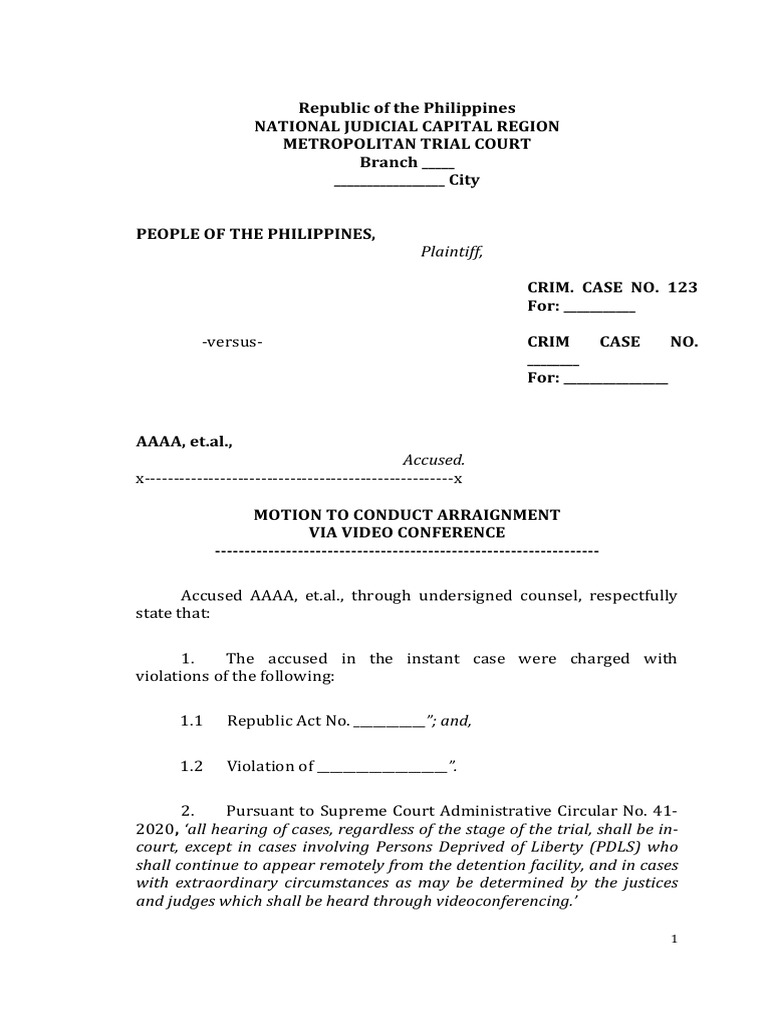 Sample Motion To Conduct Arraignment Via Video Conference PDF | PDF ...