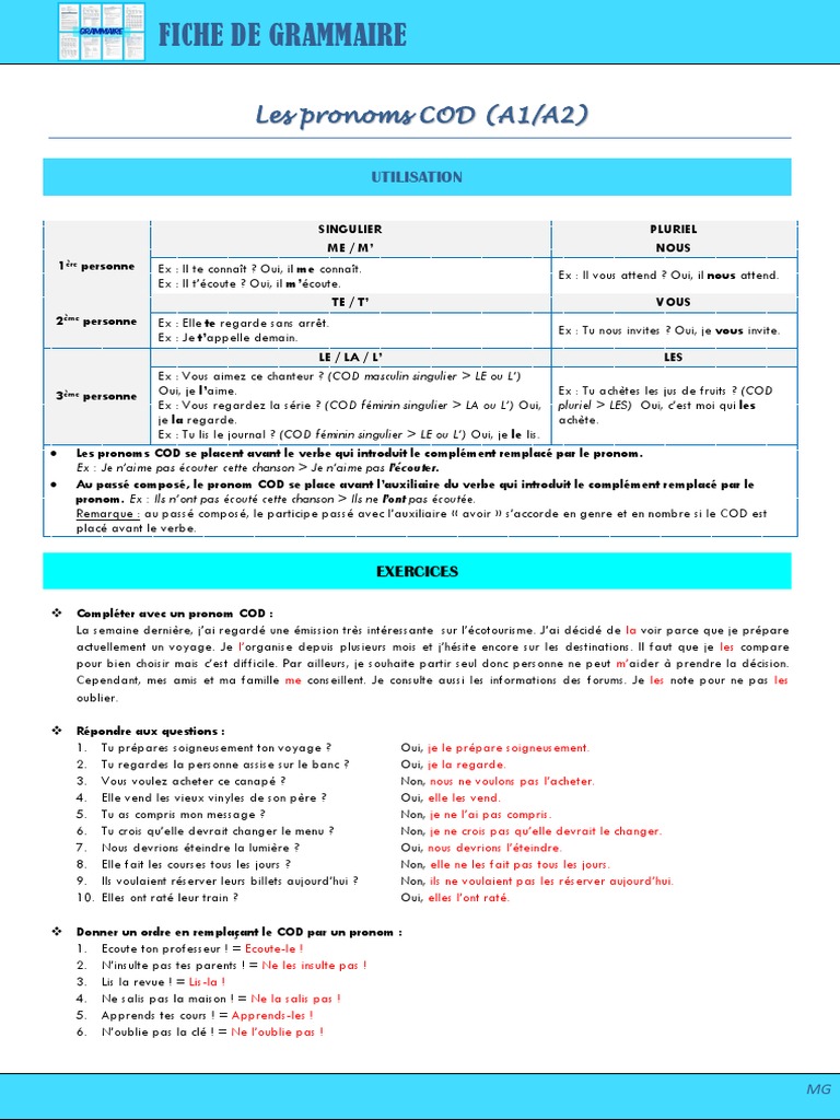 Pronoms COD en FLE : Guide et Exercices | PDF | Genre grammatical ...