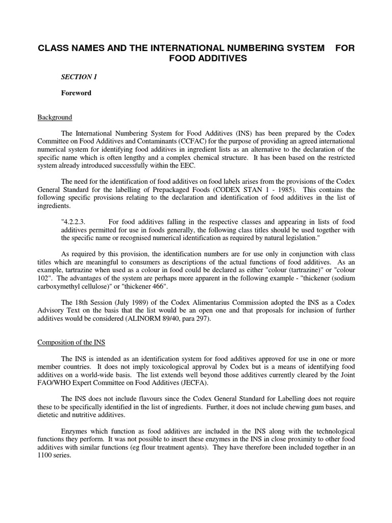 Class Names and The International Numbering System For Food Additives PDF