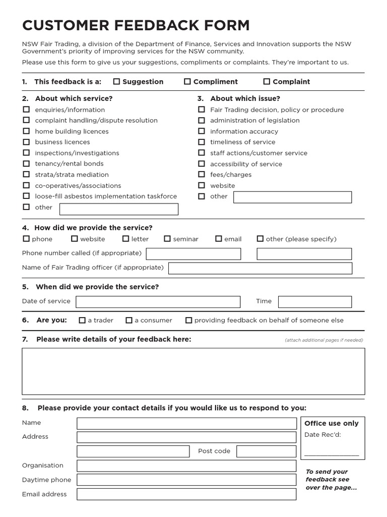 Customer Feedback Form: To Send Your Feedback See Over The Page.. | PDF