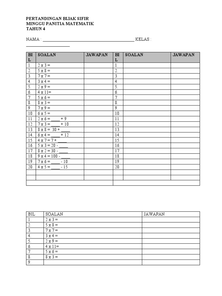 Pertandingan Bijak Sifir Minggu Panitia Matematik Tahun 4 Pdf