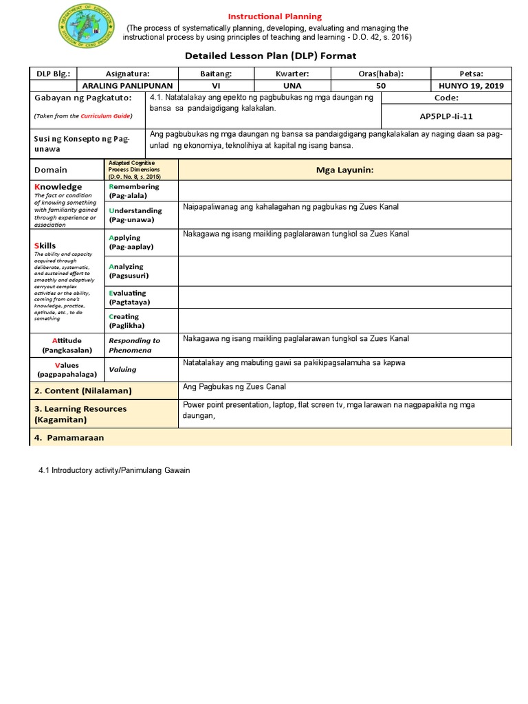 Detailed Lesson Plan (DLP) Format: Gabayan NG Pagkatuto: Code: AP5PLP ...